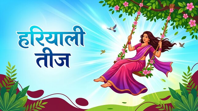 vector illustration of Indian festival hariyali teej, written Hindi text means green teej . married woman enjoy the festival with swing in monsoon on beautiful landscape backdrop.