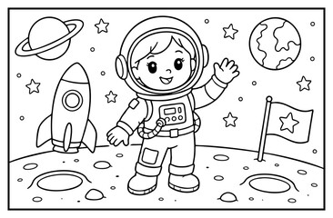 Astronaut child waving on the moon surface with rocket ship and planets in coloring page style © Hokyubi