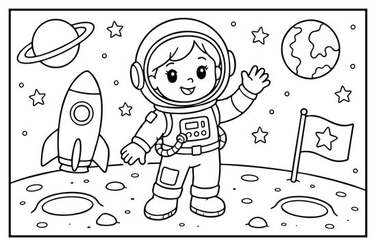 Astronaut child waving on the moon surface with rocket ship and planets in coloring page style