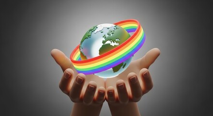Fototapeta premium Hands holding a rainbow globe earth.
