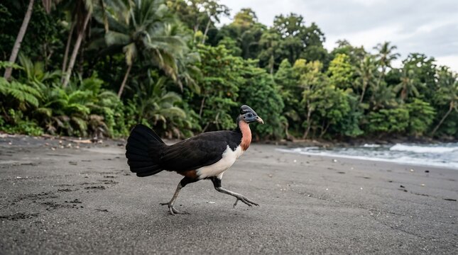 A male megapode bird walking along a dark sand tropical beach.