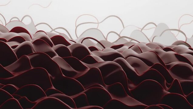 Abstract red waves with dense rippling ridges and glossy liquid ocean swell motion
