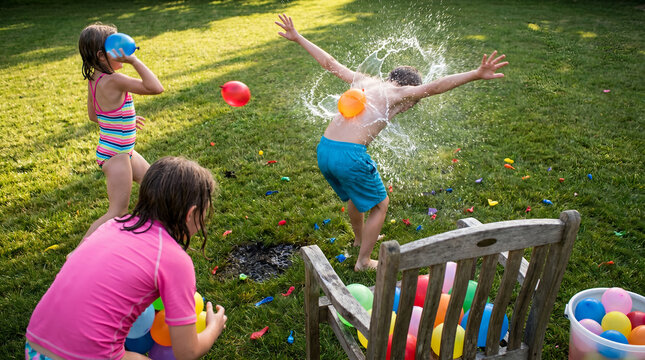 Children having water balloon fight, with orange balloon exploding into splash on boy back, running and throwing colorful balloons on grass lawn, sunny backyard, summer activities photography