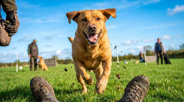 Golden labrador retriever running fast, low angle view toward camera, playing on green field, active pet photography