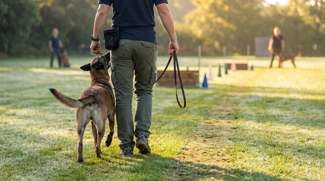 Handler walking with Belgian Malinois, focusing on owner for treat, training on grass field at sunrise, professional k9 training