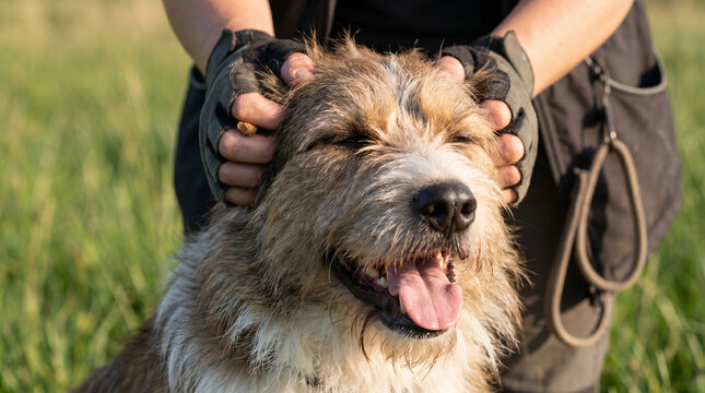 Terrier mix dog close up, with long scruffy fur and happy open mouth, receiving head massage from gloved hands, green meadow field, pet care photography