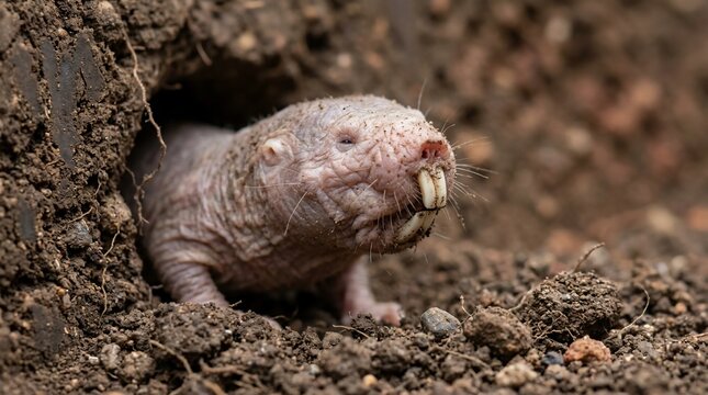 A naked mole rat peeking out of its burrow entrance.