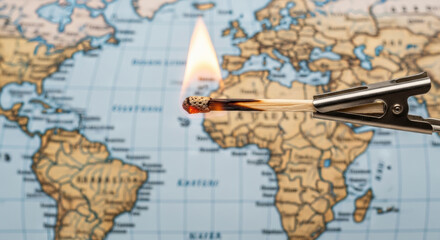 Naklejka premium Burning matchstick held by metal clip in front of world map symbolizing environmental policy debates on global warming and climate change issues