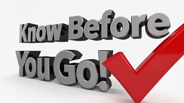 Dynamic animation with bold Know Before You Go text and giant red checkmark for travel awareness