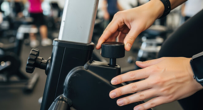 Adjusting exercise bike knob for workout fitness training to improve health and reduce fatty liver disease risk with active lifestyle and strength