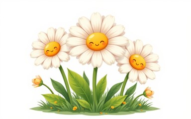 Fototapeta premium Three smiling daisies with green leaves and grass on a white background.