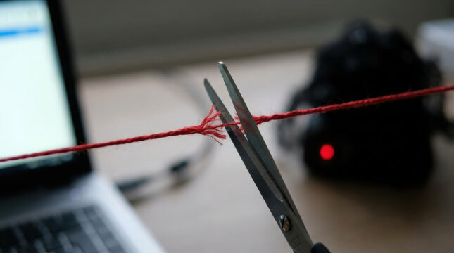 Online scam prevention concept showing scissors cutting red thread above laptop and camera creating tension and caution