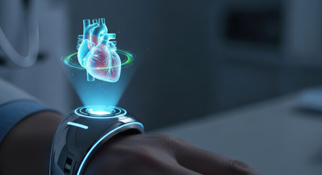 Personalized medicine wearable heart hologram projected from wrist device showing cardiovascular data and futuristic health monitoring technology