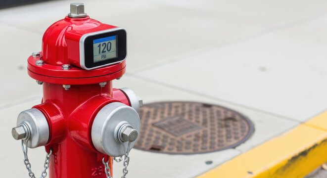Smart city infrastructure features red fire hydrant with digital pressure gauge showing 120 PSI on clean urban sidewalk near manhole cover