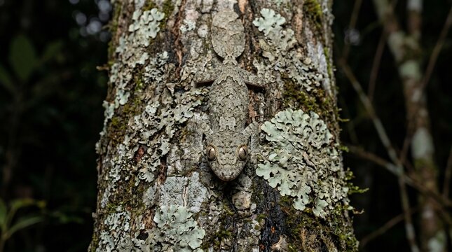 A perfectly camouflaged lichen gecko hiding on a tree trunk in the forest.