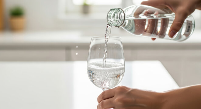 Pouring clear water into glass cup for treating kidney disease hydration and health care concept