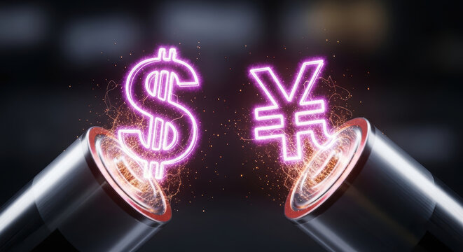 Us china trade tensions concept with glowing dollar and yen currency symbols facing each other in dark background
