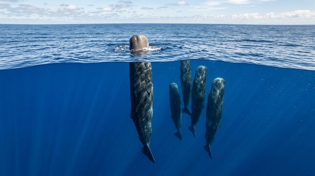 A pod of sperm whales resting vertically in the deep blue ocean.