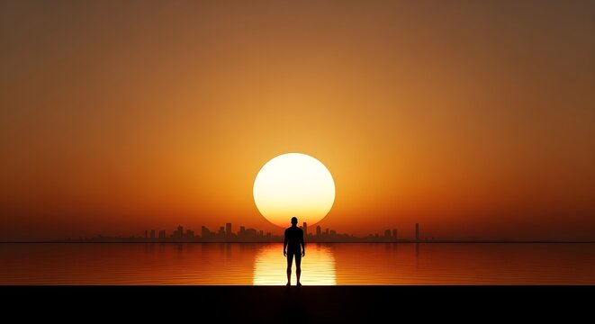 Silhouette Of A Man Standing Before The Setting Sun Over A City