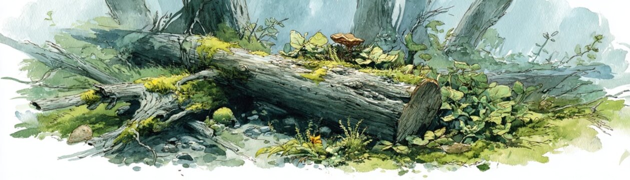 A detailed watercolor illustration of a fallen tree trunk covered in moss and surrounded by forest debris and small plants.