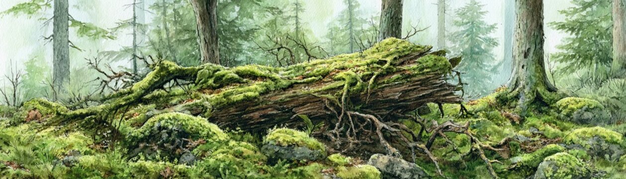 A dense, misty forest scene featuring moss-covered fallen logs, tree trunks, and lush green undergrowth.