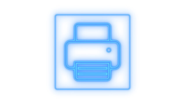 Colorful neon printer icon inside a square frame for office technology and digital printing concepts isolated on transparent background for web design and graphic projects