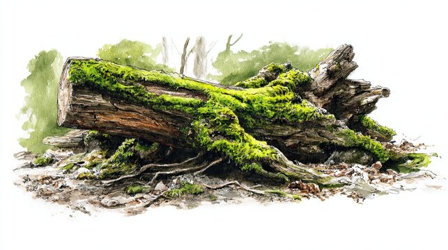 A fallen, moss-covered tree trunk lies on the forest floor, surrounded by leaves and roots, showcasing natural decay and woodland beauty.