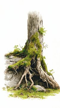 A detailed illustration of a tree stump with exposed roots covered in moss and small plants, showcasing natural decay and growth.