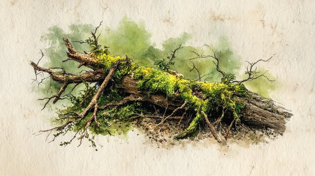 A detailed watercolor painting of a fallen moss-covered tree trunk with branches on a textured paper background.