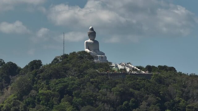 sunny day phuket island famous mountain top big buddha monument backside aerial panorama 4k thailand