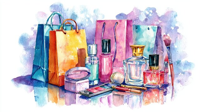 A watercolor painting of shopping bags and various perfume bottles arranged on a reflective surface with soft pastel tones.