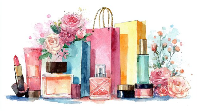 A watercolor illustration of assorted beauty products and colorful shopping bags adorned with roses and floral accents.