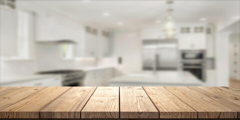 Empty Wooden Table in Front of a Blurred Modern Kitchen Interior. © ch