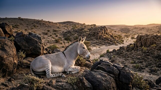 A rare African wild ass resting in a rocky desert landscape at sunset.