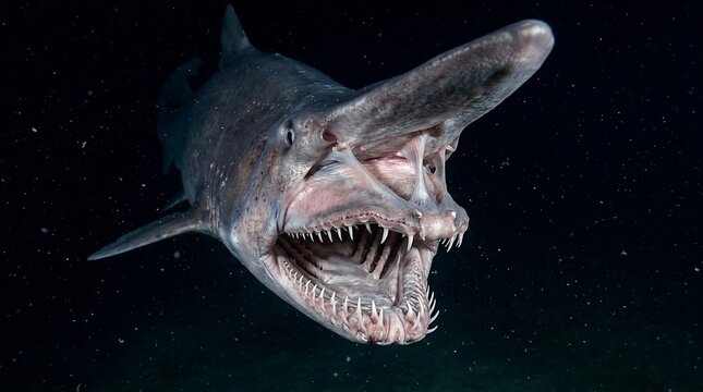 A rare and frightening goblin shark swimming in the deep ocean.
