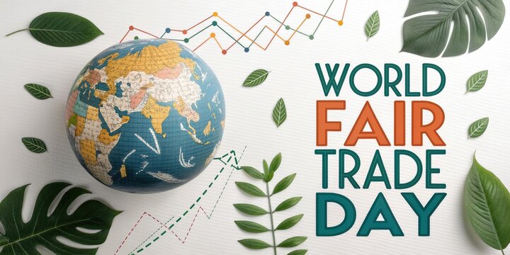World fair trade day globe and growth chart on desk sustainable economy concept