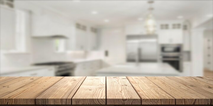 Empty Wooden Table in Front of a Blurred Modern Kitchen Interior.