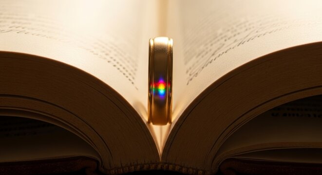 Golden bookmark in open book.