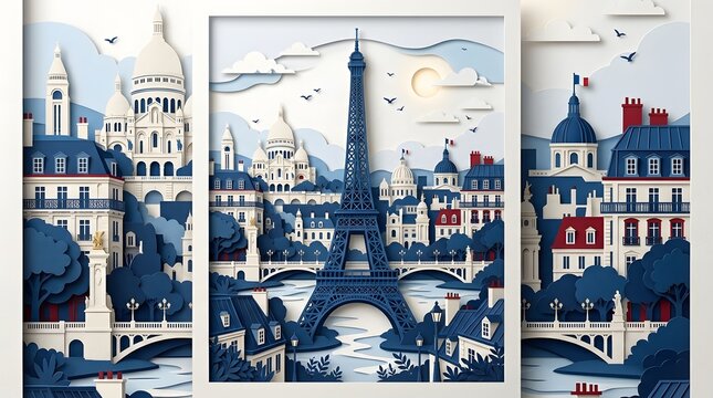 Intricate Parisian cityscape with Eiffel Tower in layered paper art style