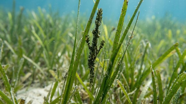 A rare ghost pipefish camouflaged in a lush seagrass meadow underwater.