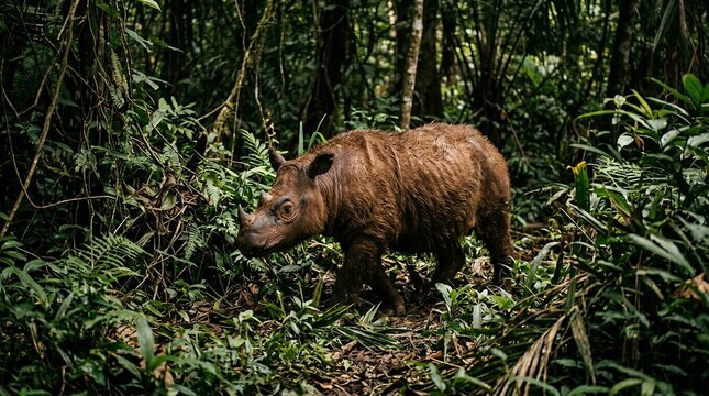 A rare Javan rhinoceros walking through dense tropical jungle vegetation.
