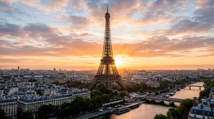 Naklejka premium Eiffel Tower at Sunset Overlooking Paris Cityscape