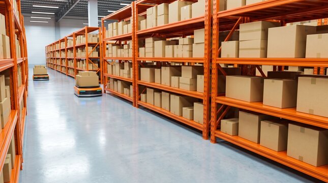 Empty warehouse storage with wooden pallet racks in bright industrial setting