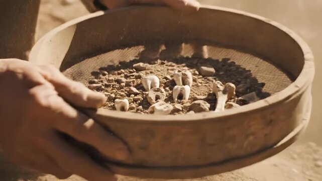Close up of hands shaking a wooden round sieve to filter dry dirt and revealing scattered human teeth and small bone fragments during an archaeological excavation