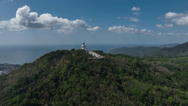sunny day phuket island famous mountain top big buddha monument aerial panorama 4k thailand