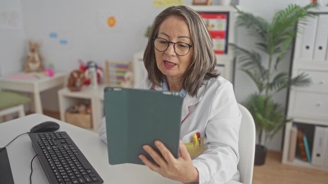 Hispanic woman doctor in white coat holds tablet with left hand and waves right hand during telehealth consult in a pediatric clinic with toys and desk; telehealth compassion.