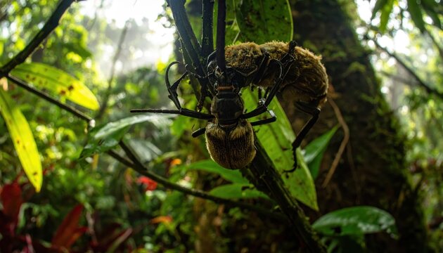 Goliath Beetle Clinging to a Lush Rainforest Branch Amidst Dense Foliage