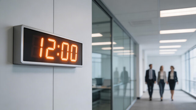 Office hallway with digital clock and walking people for professional consulting and enterprise solutions