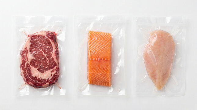Assorted fresh meats beef salmon and chicken breast in vacuum sealed packaging