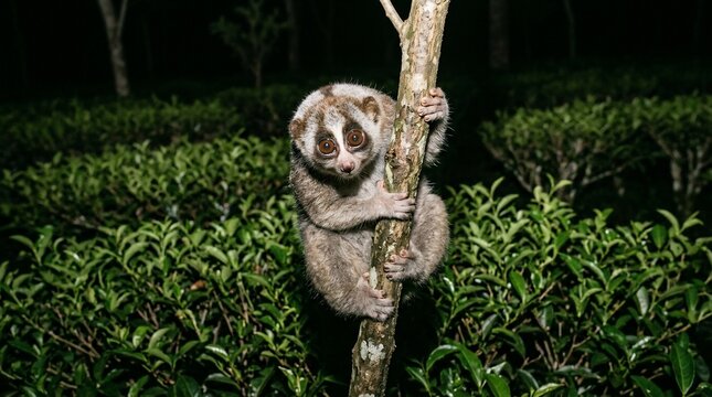A rare slender loris perched on a tree branch at night.